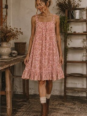 La Cosmo Cotton Rust Pink Blossom Floral Dress SZ S/M